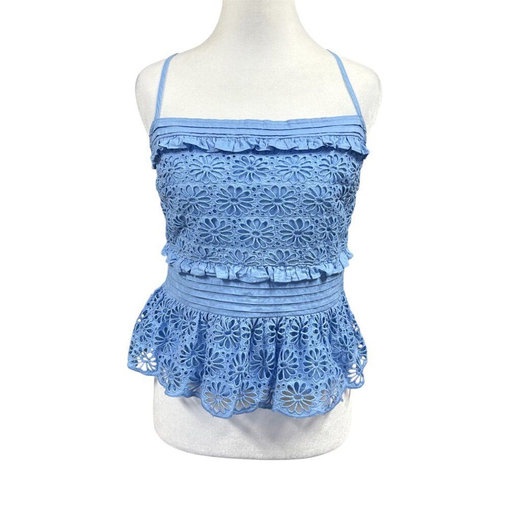 J. Crew Cross Back Smocked Waist Eyelet Ruffle Top Size S Blue